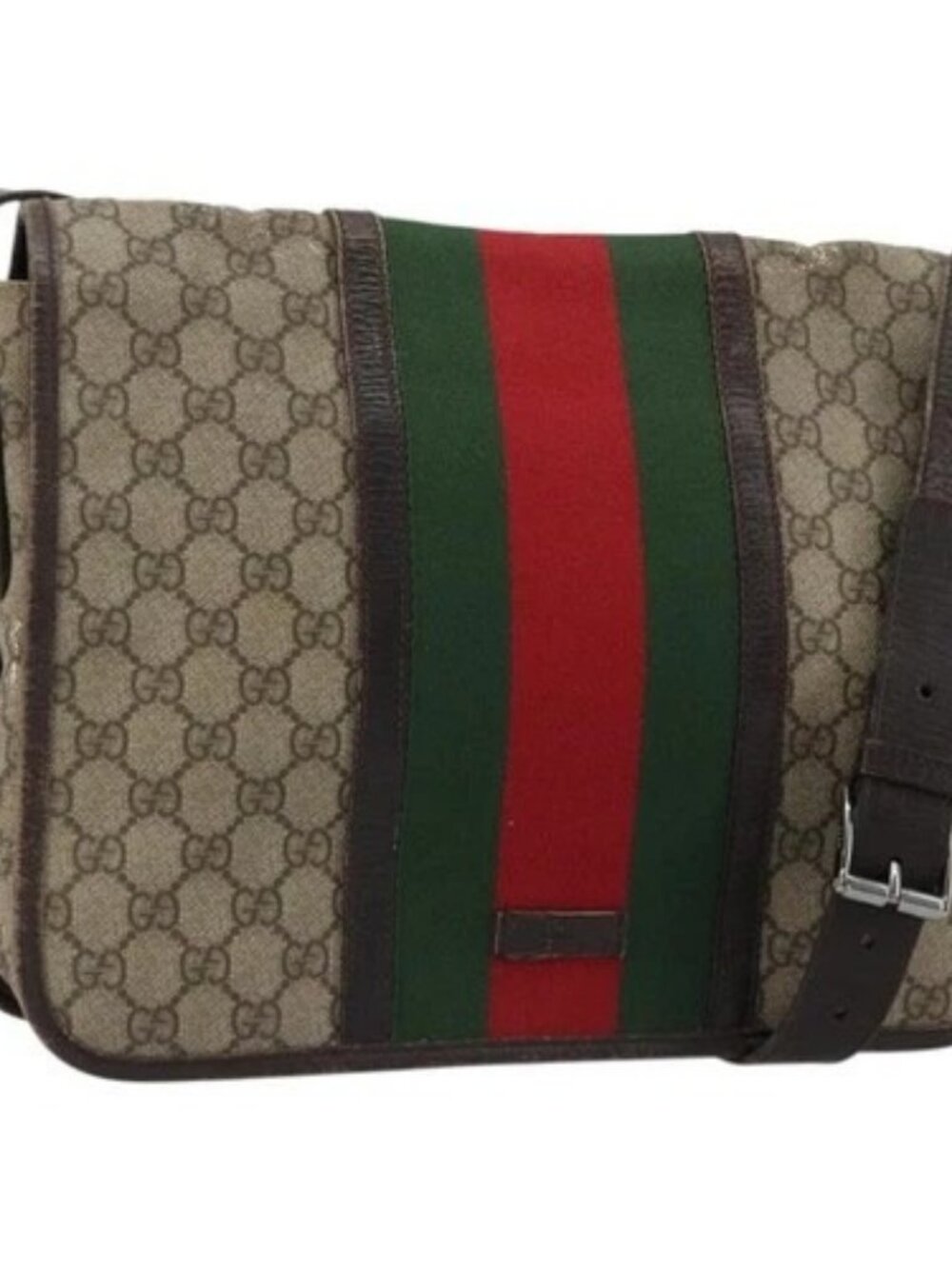 GUCCI GG Supreme Web Sherry Line Bag PVC Beige Silver 145844 Auth ti3927 - Picture 1 of 16